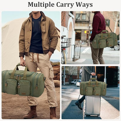 Gonex Canvas Duffle Bag for Travel, Expandable Water Resistant 60L Carry on Duffel Overnight Weekender Gym Bag with Wet Dry Separation Pocket & Suitcase Handle Sleeve, Army Green