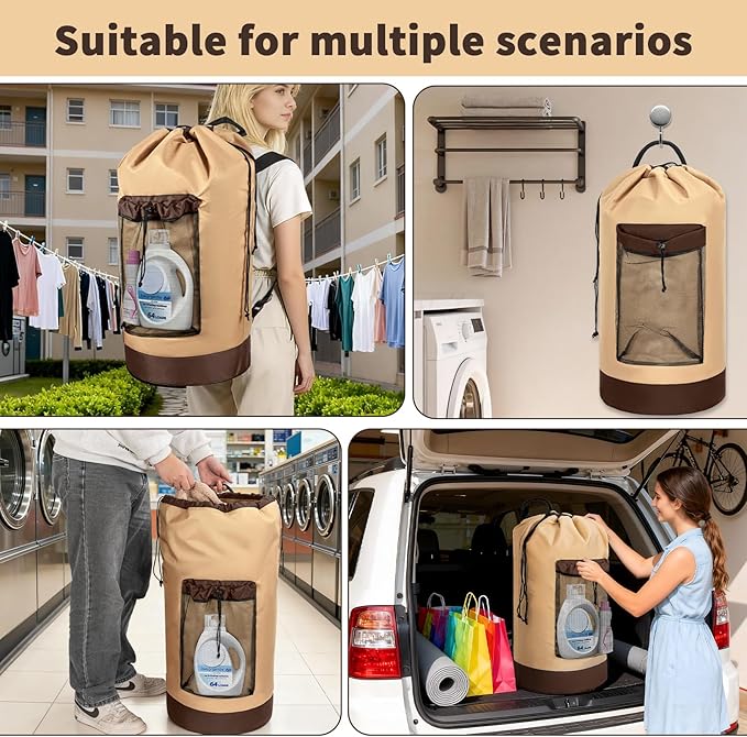 Laundry Bag Backpack with 3 Sizes Mesh Wash Bags and Shoulder Straps Foldable Clothes Hamper Bag with Drawstring Closure for College, Apartment, Laundromat (Brown)