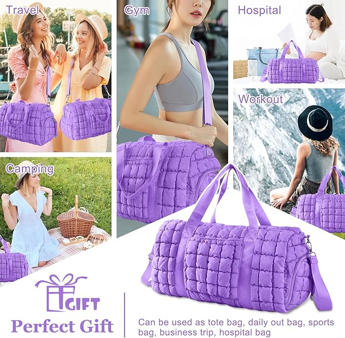 Quilted Travel Duffle Bag Gym Bag for Women,Large Puffer Duffle Weekender Bag with Compartment,Workout Overnight Carry on Organizer Bag Duffle Bag for Airplane Travel(Purple)