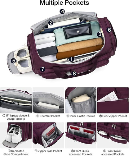 MILADA Carry On Luggage Bags for Travel Large Foldable Duffle Bag for Travel Lightweight Personal Bags for Airplanes Weekend Overnight Bags for Women Mens Travel Bag, Purple