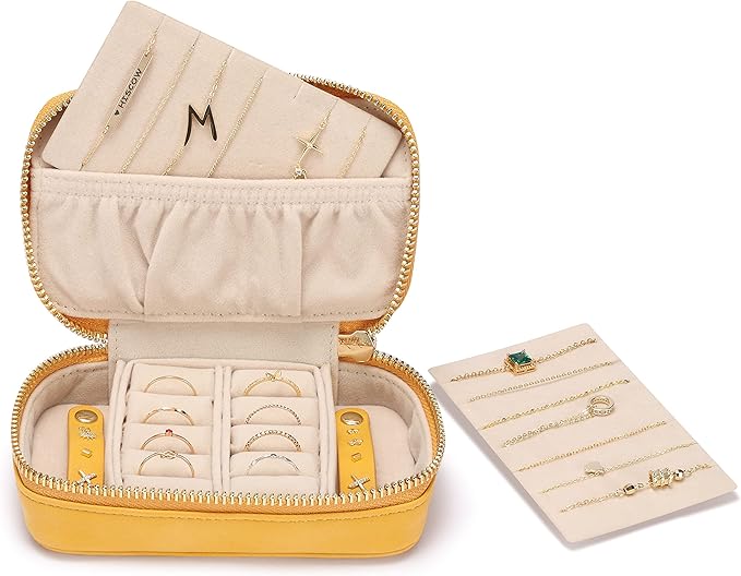 HISCOW Vegan Leather Travel Jewelry Case with Zipper - Portable Necklace & Earring Holder Organizer for Women Girls, Velvet-Lined Ring Box with Anti-Tarnish Design, Yellow