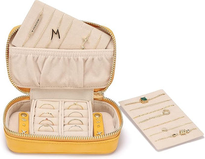 HISCOW Vegan Leather Travel Jewelry Case with Zipper - Portable Necklace & Earring Holder Organizer for Women Girls, Velvet-Lined Ring Box with Anti-Tarnish Design, Yellow