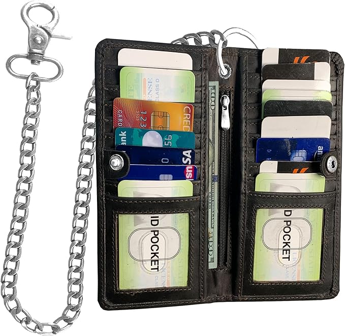 CLASSIC Motorcycle Chain Wallet for Men – Premium Cowhide Leather, RFID Bi-Fold Biker Wallet with Heavy Duty ChainBikers Truckers & Hunters, Credit Card Money Organizer Long Wallet Crazy Horse Brown