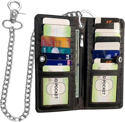 CLASSIC Motorcycle Chain Wallet for Men – Premium Cowhide Leather, RFID Bi-Fold Biker Wallet with Heavy Duty ChainBikers Truckers & Hunters, Credit Card Money Organizer Long Wallet Crazy Horse Brown