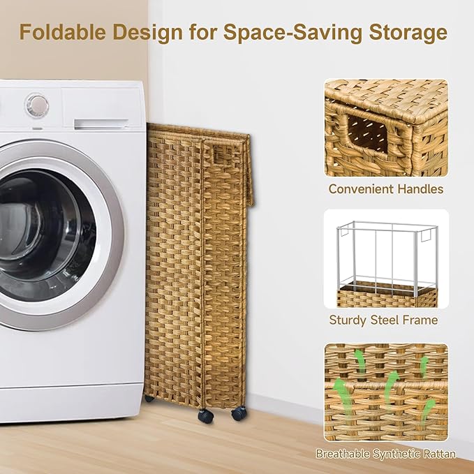 88L Slim Laundry Hamper with Wheels, 23.3 Gallon Rolling Laundry Basket with Lid, Tall and Narrow Laundry Hamper with 2 Removable Liner & 3 Mesh Bags, Laundry Sorter for Bathroom, Natural