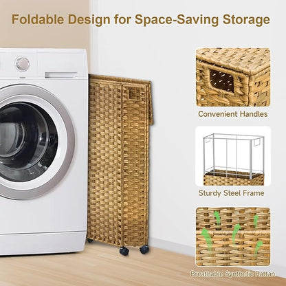 88L Slim Laundry Hamper with Wheels, 23.3 Gallon Rolling Laundry Basket with Lid, Tall and Narrow Laundry Hamper with 2 Removable Liner & 3 Mesh Bags, Laundry Sorter for Bathroom, Natural