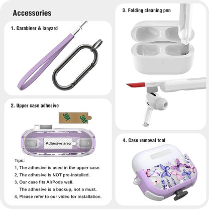 WENEW Case for AirPods Pro & Pro 2 Case Cover Secure Lock Automatic Snap Switch Clip Cleaner Kit Lanyard Women Stylish Hard Shell Full Body Front LED Visible (Purple Butterfly, AirPods Pro & Pro 2)