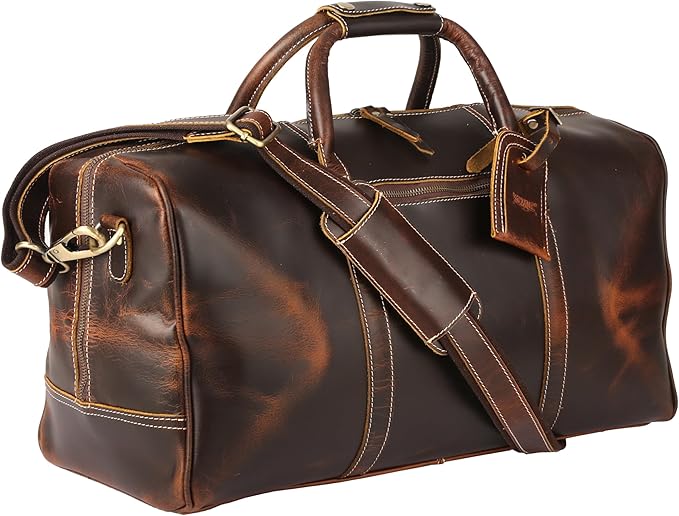 KomalC Leather Duffel Bags for Men and Women, Full Grain Buffalo Leather, Dark Tan, 20 Inch