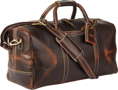 KomalC Leather Duffel Bags for Men and Women, Full Grain Buffalo Leather, Dark Tan, 20 Inch