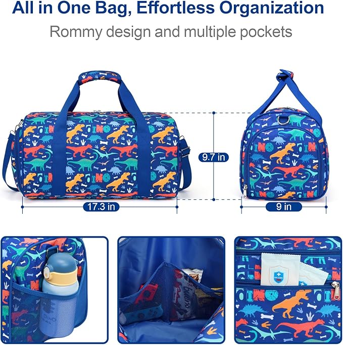 Bagseri Kids Duffle Bag Boys - Waterproof Sports Gym Bag for Travel Sleepover Overnight Bag with Shoe Compartment and Dry Wet Separation Pockets (Blue Dinosaur)