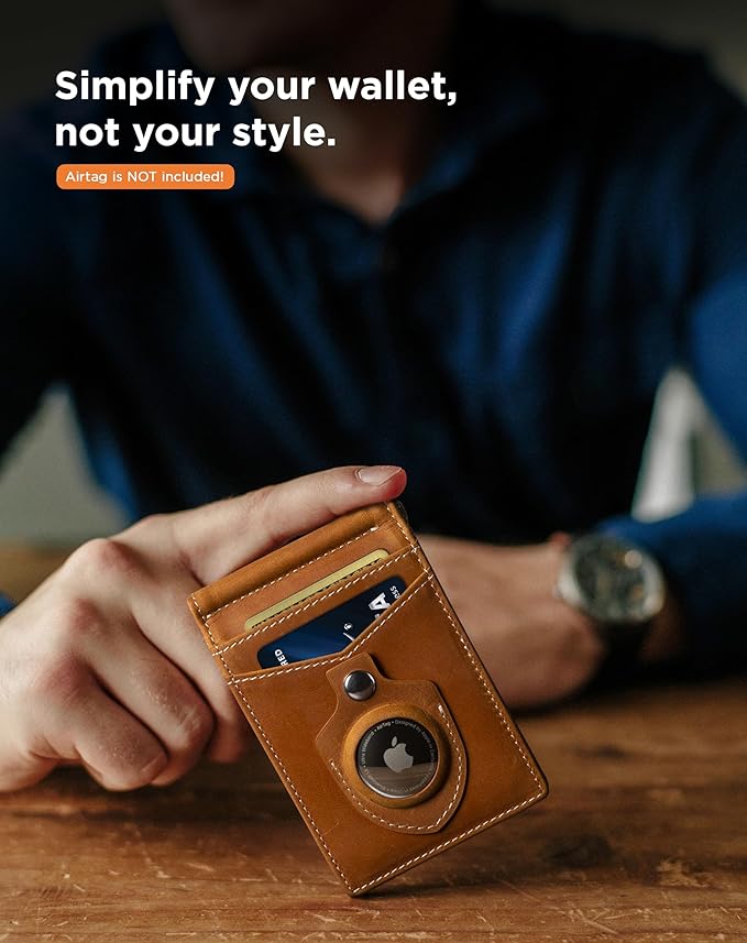 SERMAN BRANDS AirTag Wallet - RFID Blocking Mens Minimalist Money Clip Wallet for Airtag - Full Grain Leather Slim Bifold Front Pocket for Air Tag Wallets for Men. Gift (CA Desert Air)