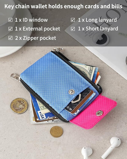Minimalist Wallet For Mens Womens, Keychain RFID Blocking Zipper Small Wallet with ID Window 2 Lanyards,Water Resistant Travel Cash Card Coin Case Boys Girls