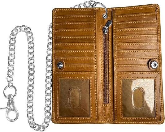 IBRO Long Bifold RFID Blocking Motorcycle Chain Wallet for Men Tan Crunch