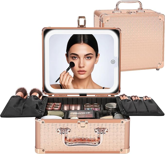 Relavel Makeup Bag with LED Mirror, Makeup Box Travel Train Case with Rechargeable Lighted Mirror, Cosmetic Brush Organizer Storage for Makeup Artists Gifts for Women and Girls, Rose Gold