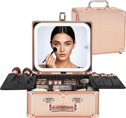 Relavel Makeup Bag with LED Mirror, Makeup Box Travel Train Case with Rechargeable Lighted Mirror, Cosmetic Brush Organizer Storage for Makeup Artists Gifts for Women and Girls, Rose Gold