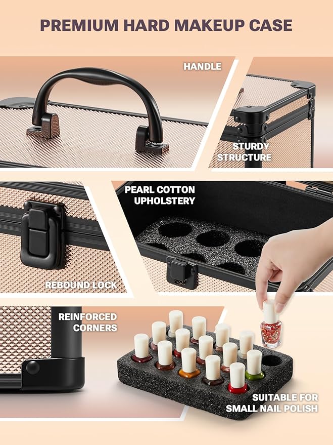 Qislee Makeup Box Mini with A Detachable Lighted Mirror, Waterproof Small Makeup Case,Cosmetic Organizer and Travel Train Case with Magnetic LED Mirror(Black Frame Rose Gold)