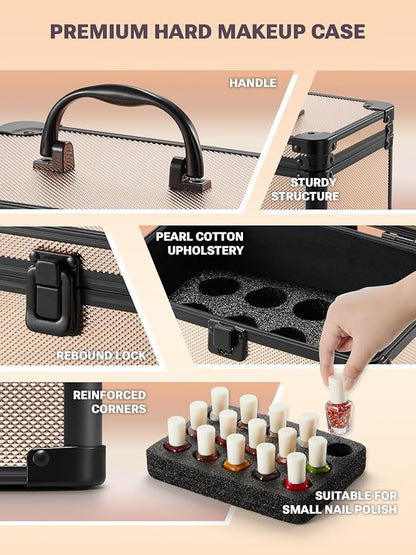 Qislee Makeup Box Mini with A Detachable Lighted Mirror, Waterproof Small Makeup Case,Cosmetic Organizer and Travel Train Case with Magnetic LED Mirror(Black Frame Rose Gold)