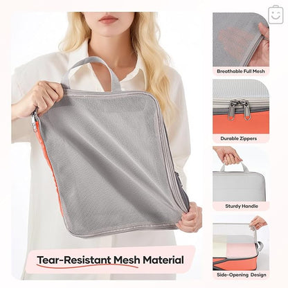 Veken 9/11 Set Compression Packing Cubes for Travel Essentials,Compressible Expandable Large Luggage Suitcase Organizer Bags for Clothing,Durable Space Saver Storage Bags with Toiletry Bags(Orange)