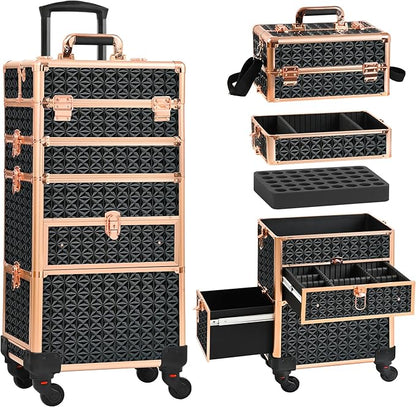 Makeup Train Case with Drawer, Rolling Makeup Case, Cosmetology Case on Wheels, Gift, Large Makeup Case Organizers, Professional for Salon Barber, Nail, Tattoo, Black Gold