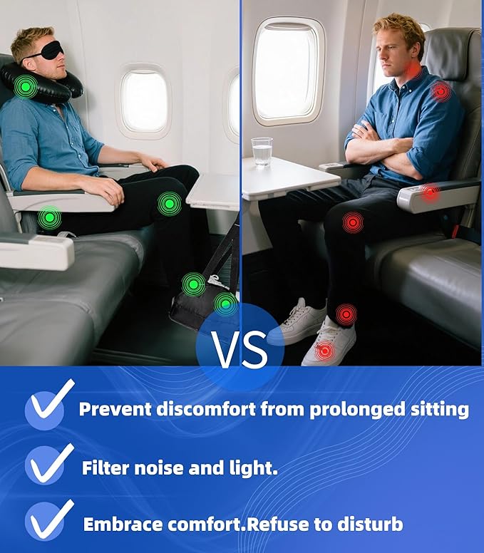 Portable Ultimate Comfort Set For Plane Sleep Kit At Plane,2 Inflatable Travel Pillows,Foot Rest Hammock,Eye Mask Ear Plugs For Airplane Flight Essentials For Seat Airplane Gadgets for Sleep Comfort