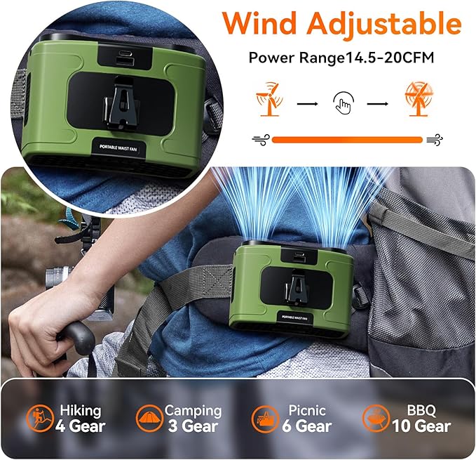 10000mAh Personal Waist Fan, USB Rechargeable Clip The Waist For Working,10 Speed & 40H Cooling and Heatstroke Prevention For Outdoor Travel Camping (K60-green)