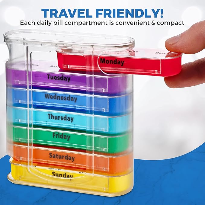 V-Grip Pill Splitter - Stackable Pill Organizer with 4 Daily Compartments, Medicine, Vitamin Organizer with AM/PM Boxes