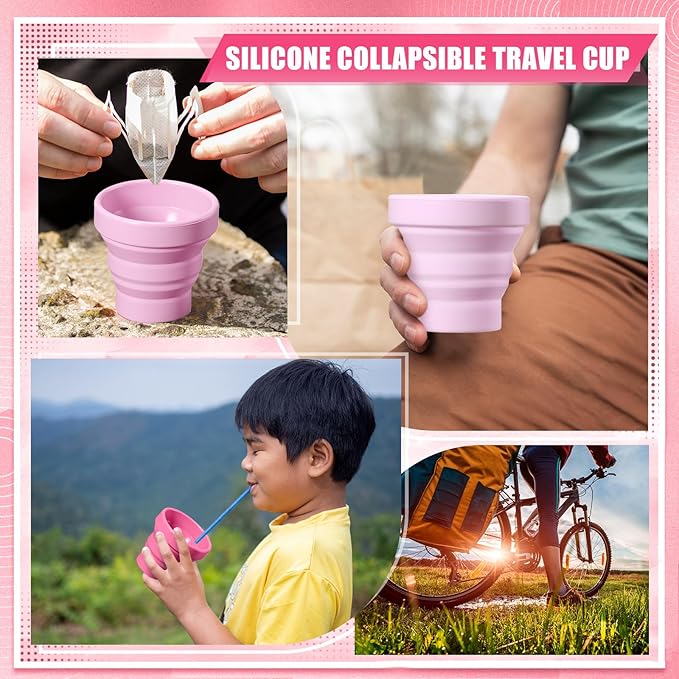 24 Pcs Silicone Collapsible Travel Cup Reusable Foldable Camping Cup Portable Expandable Drinking Mug for Traveling Outdoor Hiking (Pink Color)