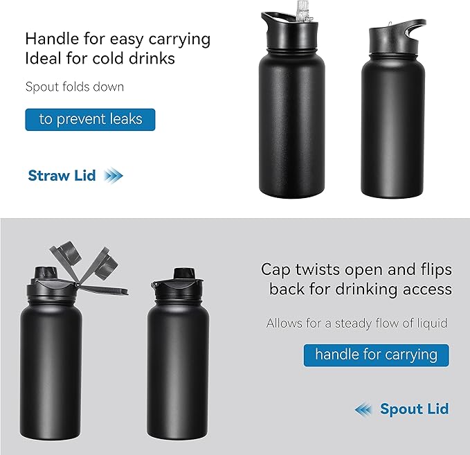VEGOND 32 oz Insulated Water Bottle Bulk Stainless Steel Metal Water Bottles with Leak Proof Straw Lid & Spout Lid, Wide Mouth Double Walled Vacuum Travel Sports Bottle, Black 4 Pack