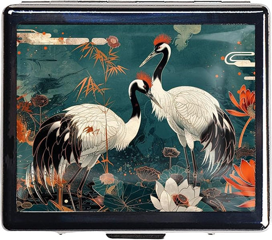 7 Days Chromed Shiny Silver Pill Organizer with Mirror Inside Has 8 Separate Compartments Rectangle 7 Days Pill Box Pill Case (Two Cranes)