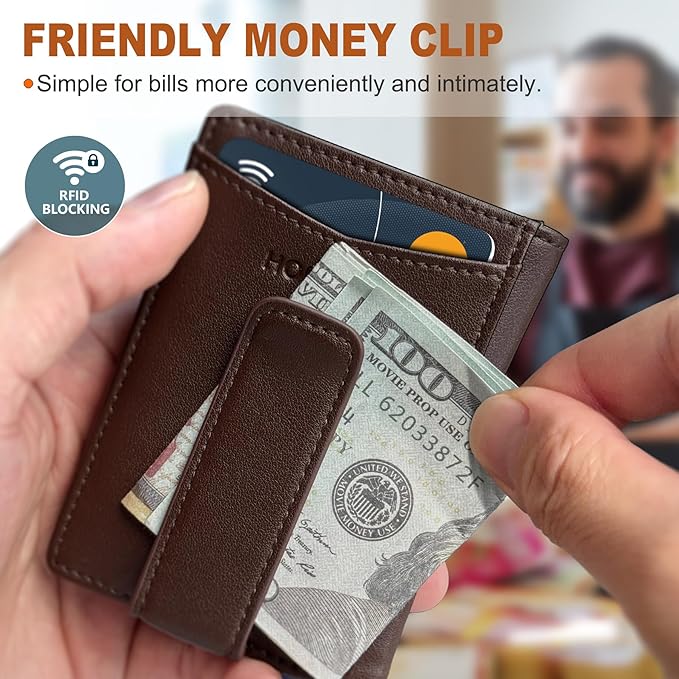 Magnetic Closure Slim Wallet with Money Clip Gift Boxed,Genuine Leather Front Pocket Wallet for Men, 3.9"x 2.8", RFID Blocking