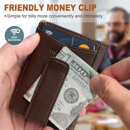 Magnetic Closure Slim Wallet with Money Clip Gift Boxed,Genuine Leather Front Pocket Wallet for Men, 3.9"x 2.8", RFID Blocking