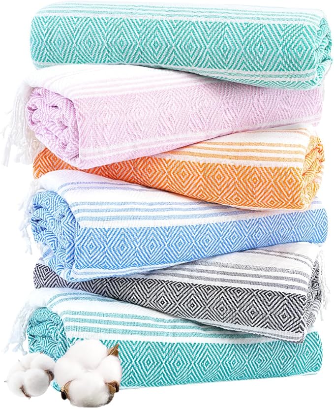Genovega 6 Oversized Turkish Beach Bath Towel Set Bulk 74"x38" Extra Large Sand Free Quick Dry Swimming Camping Pool Clearance Towels Blanket Essentials Adult Multi LightGreen Rhombus