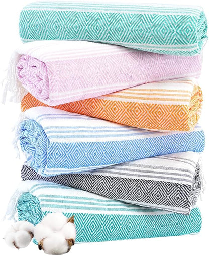 Genovega 6 Oversized Turkish Beach Bath Towel Set Bulk 74"x38" Extra Large Sand Free Quick Dry Swimming Camping Pool Clearance Towels Blanket Essentials Adult Multi LightGreen Rhombus