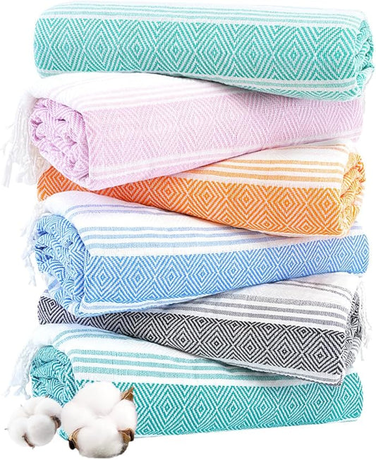 Genovega 6 Oversized Turkish Beach Bath Towel Set Bulk 74"x38" Extra Large Sand Free Quick Dry Swimming Camping Pool Clearance Towels Blanket Essentials Adult Multi LightGreen Rhombus