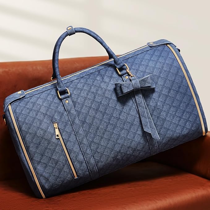 Garment Bags for Travel, Convertible Suit Travel Bag for Women, Stylish Carry On Garment Bag with Toiletry Pocket, Shoulder Strap & Shoes Compartment, 2 in 1 Foldable PU Leather Duffle Bag, Navy Blue