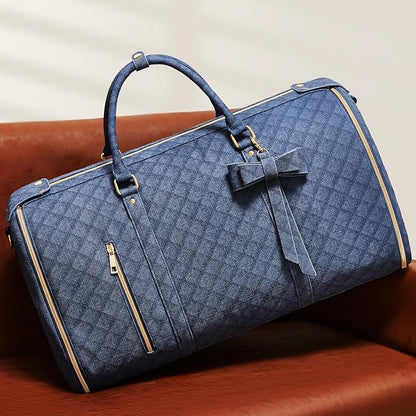 Garment Bags for Travel, Convertible Suit Travel Bag for Women, Stylish Carry On Garment Bag with Toiletry Pocket, Shoulder Strap & Shoes Compartment, 2 in 1 Foldable PU Leather Duffle Bag, Navy Blue