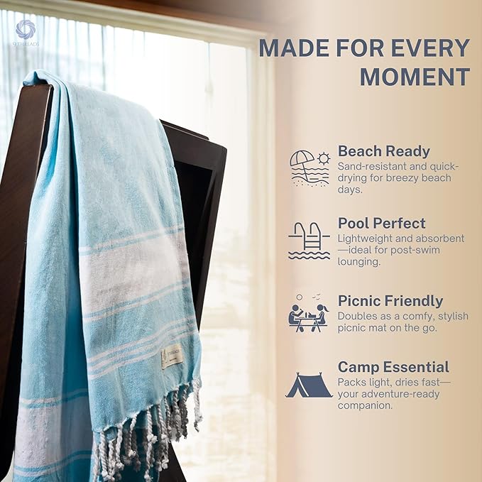 Cotton Turkish Beach Towel Towels Oversized 36"x72" Pool Absorbent Extra Large Quick Dry Sand Travel Towel (Aqua Blue, 4 Pack)