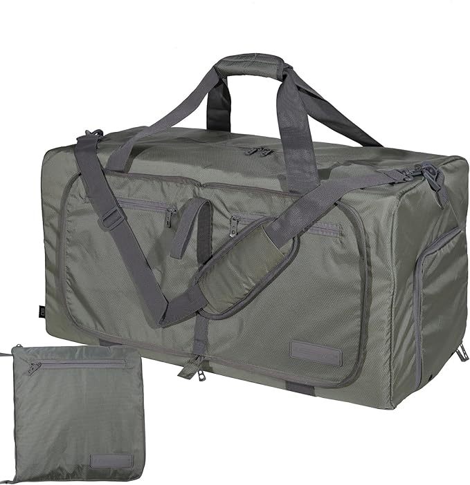 LEGEND 80L Foldable Duffle Bag for Travel - Packable Duffle Bags w/Shoe Compartment - Tear Resistant Collapsible Duffel Bags for Traveling - Lightweight Folding Duffel Bag for Men & Women -Army Green