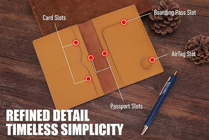 STAR VISTA Albatross Leather Travel Passport Holder, Minimalist Design, Calfskin Leather Case for Women and Men - Slim Passport Wallet, Bifold, RFID Blocking, with AirTag Holder, Honey