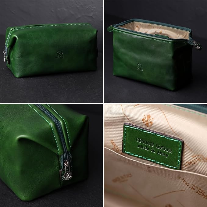 Time Resistance Leather Toiletry Bag Cosmetic Case Italian Classy Dopp Kit