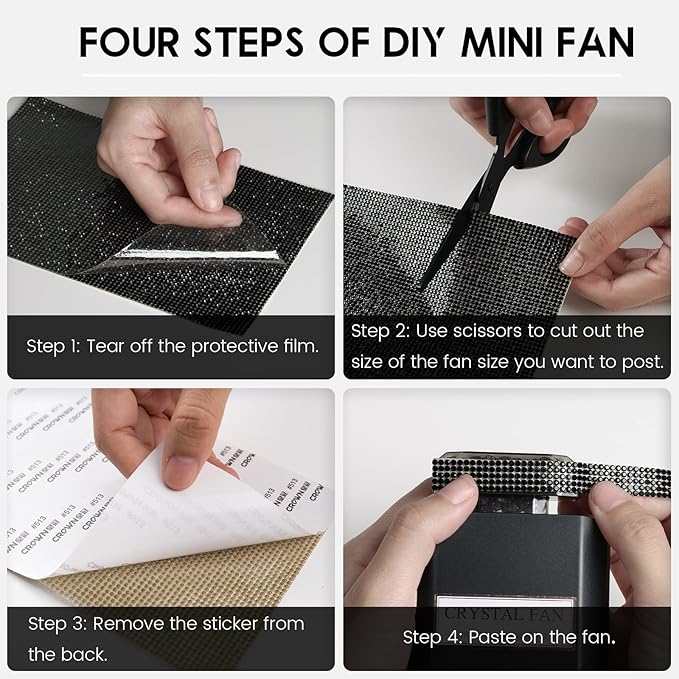 LIGHTDESIRE DIY Bling Crystal Rhinestones Handheld Fan, Mini Personal Fan, Cooling Small Fan Rechargeable 3 Speeds Mode with Crystal Rhinestones Sticker Sheet(Black Fan with DIY Diamon)