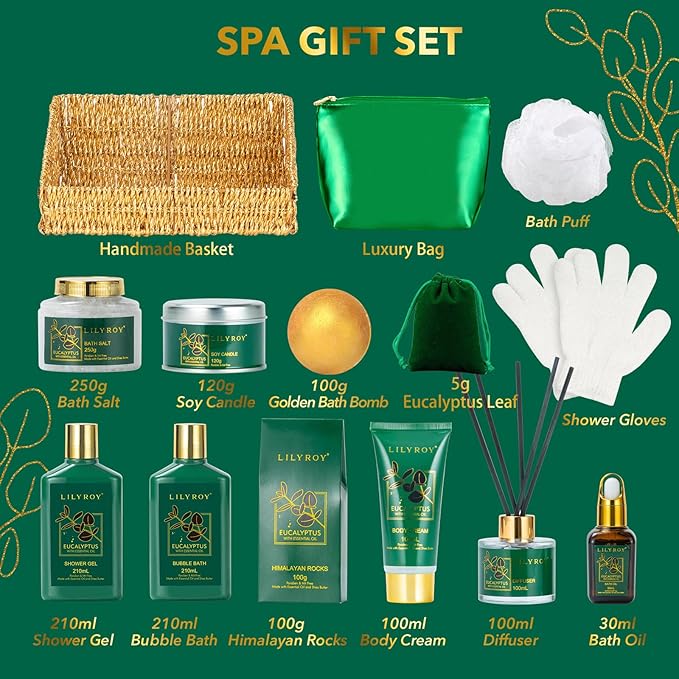 Christmas Gift Basket for Women and Men- 15-Piece Premium Eucalyptus Bath Gift Set - Spa Kit with Shower Gel Ideal for Birthday, Mothers Day, Father’s Day, Perfect for Holidays & Self Care