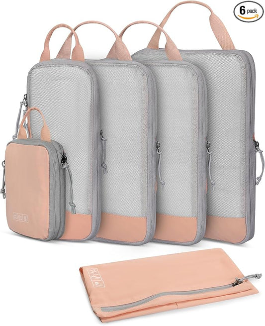 Hynes Eagle 6 Set/ 4 Set/ 2 Set Compression Packing Cubes Travel Essentials Lightweight Nylon Luggage Suitcase Organizer Bag Light Pink 6PCS