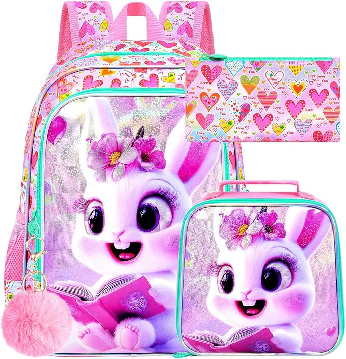 WZLVO 3PCS Rabbit Bookbag for Girls, 16" Glittery UV Printing Kids Backpack/School Bag with Lunch Box & Pencil Bag for Preschool to Elementary - Reading Rabbit Pink