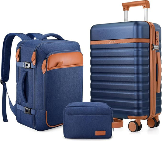 UKEIN Luggage Sets 3 Piece, Carry On Luggage 20In With Spinner Wheels,PC Hardside Suitcase Set with TSA Lock,Durable Carry On Suitcase With Travel Backpack for Men (Blue, 3 piece set (20inch))