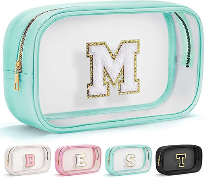 YOOLIFE Initial Make Up Bag Travel Toiletry Bag, Clear Makeup Bags Preppy Cosmetic Bags Organizer Travel Essentials Gifts for Women Teen Girlfriend Teacher Mom Birthday Girl Gift Makeup Case Blue M