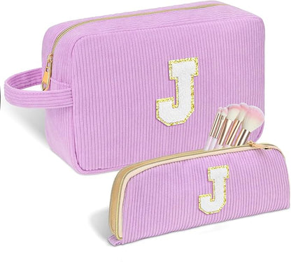 Personalized Initial Makeup Bag Trendy Stuff Corduroy Cosmetic Bag Travel Toiletry Bag for Women, Christmas/Thanksgiving/Halloween Gifts Makeup Organizer Case for Teen Girls Mom Girlfriend Wife.