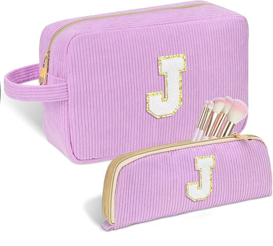 Personalized Initial Makeup Bag Trendy Stuff Corduroy Cosmetic Bag Travel Toiletry Bag for Women, Christmas/Thanksgiving/Halloween Gifts Makeup Organizer Case for Teen Girls Mom Girlfriend Wife.