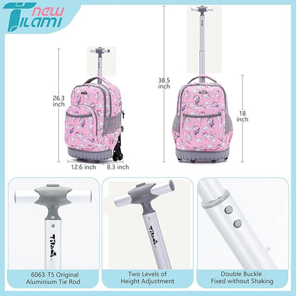 NEW TILAMI 18 Inch Rolling Backpack with Wheels for Girls Boys Kids Laptop Backpack School Travel, Pink Unicorn