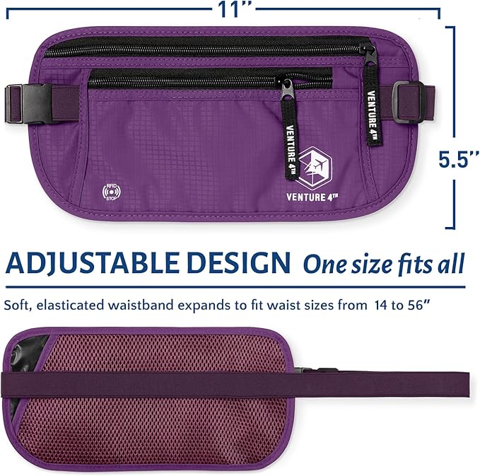 VENTURE 4TH Travel Money Belt - Slim Passport Holder RFID Blocking Travel Pouch to Protect Cash, Credit Cards and Travel Documents (Purple)